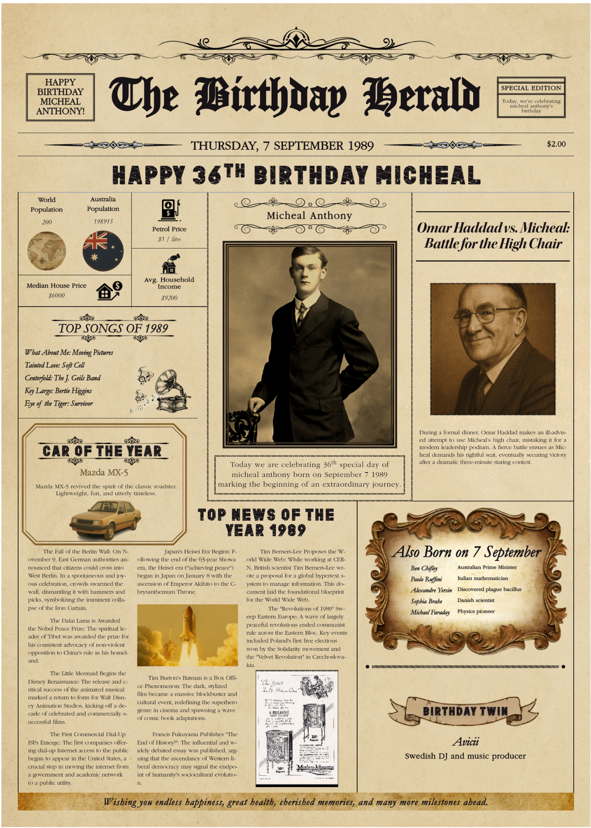 The Birthday Herald personalised newspaper shown in two formats: rolled in a gift scroll tube and as a framed print ready to display