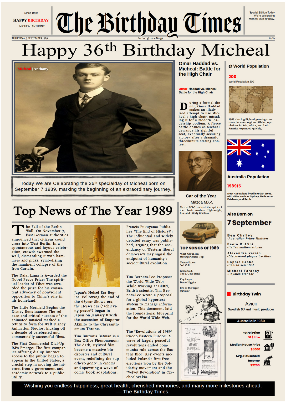 The Birthday Times personalised newspaper shown in two formats: rolled in a gift scroll tube and as a framed print ready to display